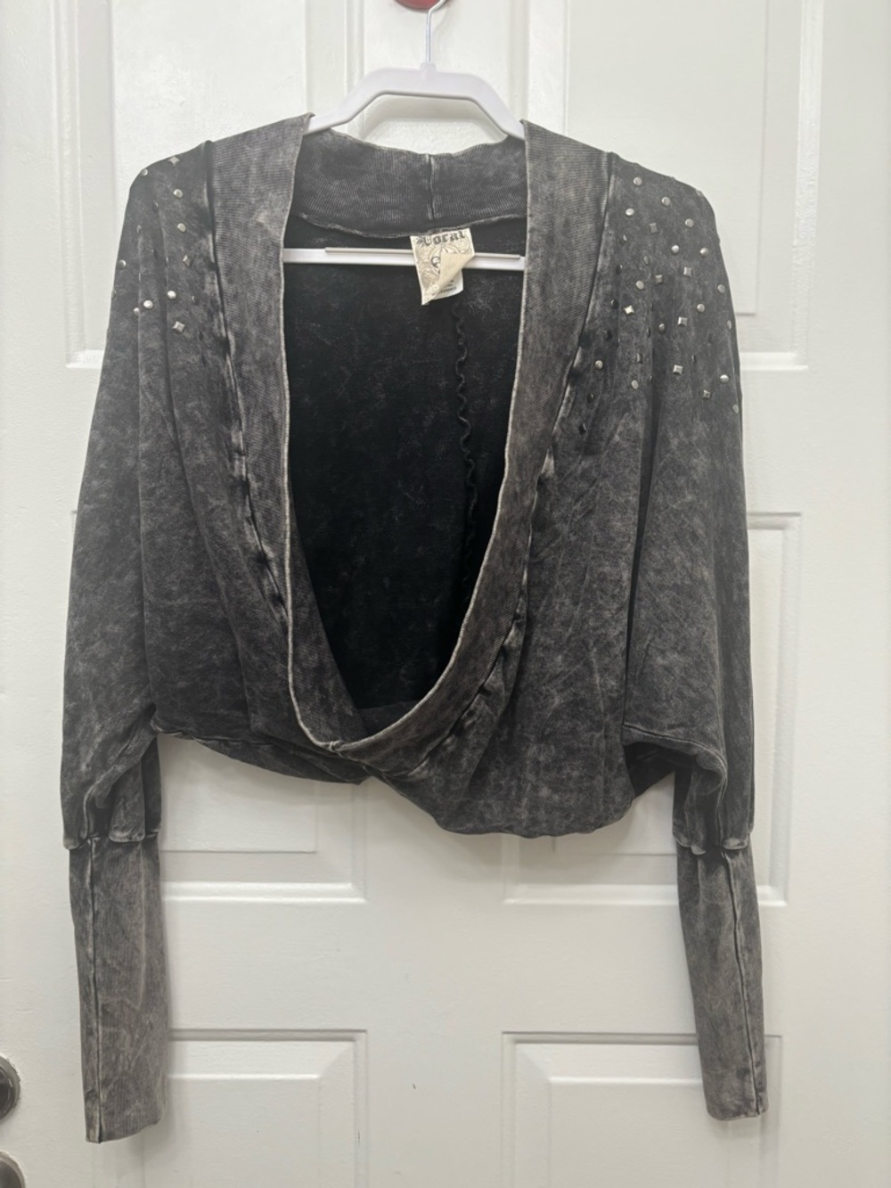 Vocal Black Washed Draped Open-Front Cardigan with Stud Accents